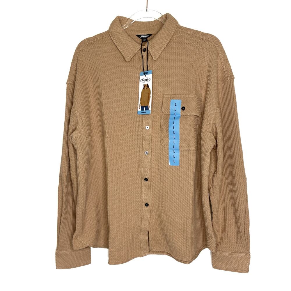 Buffalo Tan Brown Waffle Knit Button Up Shirt Casual NWT Womens Large